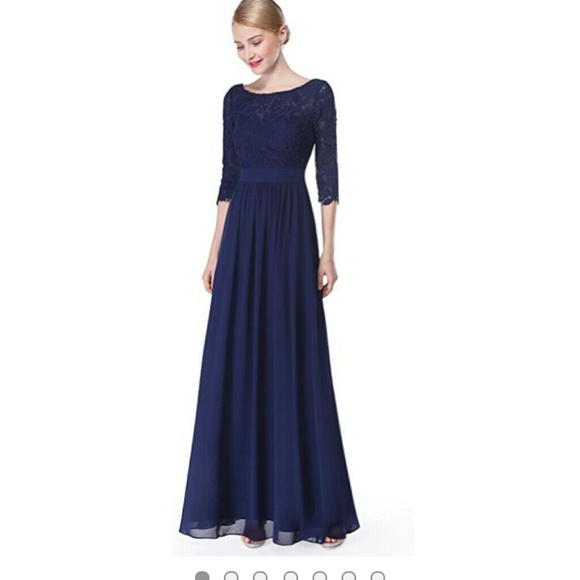 Lace 3/4 Sleeves Chiffon Tea-Length Dress Royal Blue main image 1
